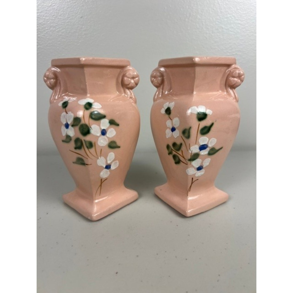 Vintage RRP Co Roseville Ohio Pink Dogwood Floral Miniature Urn Vases Set of 2
